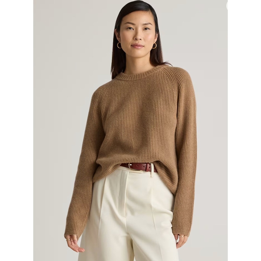 Quince Mongolian Cashmere Fisherman Crewneck Sweater Camel Tan Cropped S
